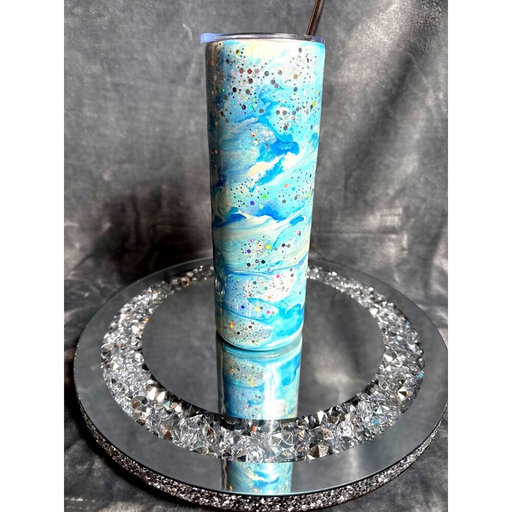 Alcohol Ink Tumbler Blue White & Glitter Swirl Stainless Cup Lid & Straw